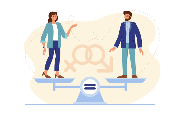 Gender equality A woman and a man stand on opposite sides of a scale