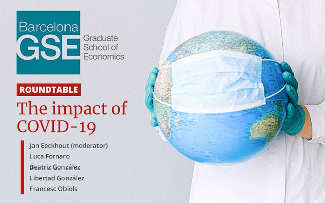 The impact of COVID-19: Barcelona School of Economics Roundtable A scientist holds a globe that is covered with a face mask